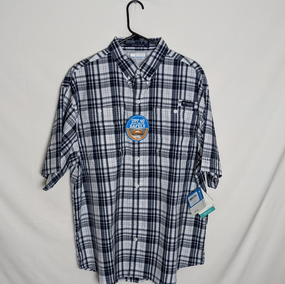 Columbia Super Tamiami PFG Vented Cotton Shirt  Button Short Slv Blue Plaid L